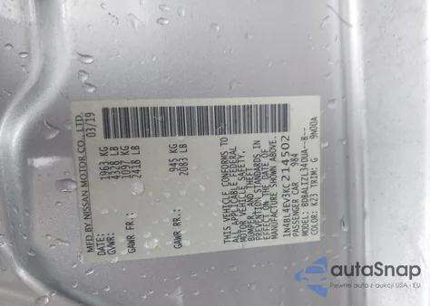 2019 Nissan Altima 2.5 Sl z USA, uszkodzony, nr VIN 1N4BL4EV3KC214502